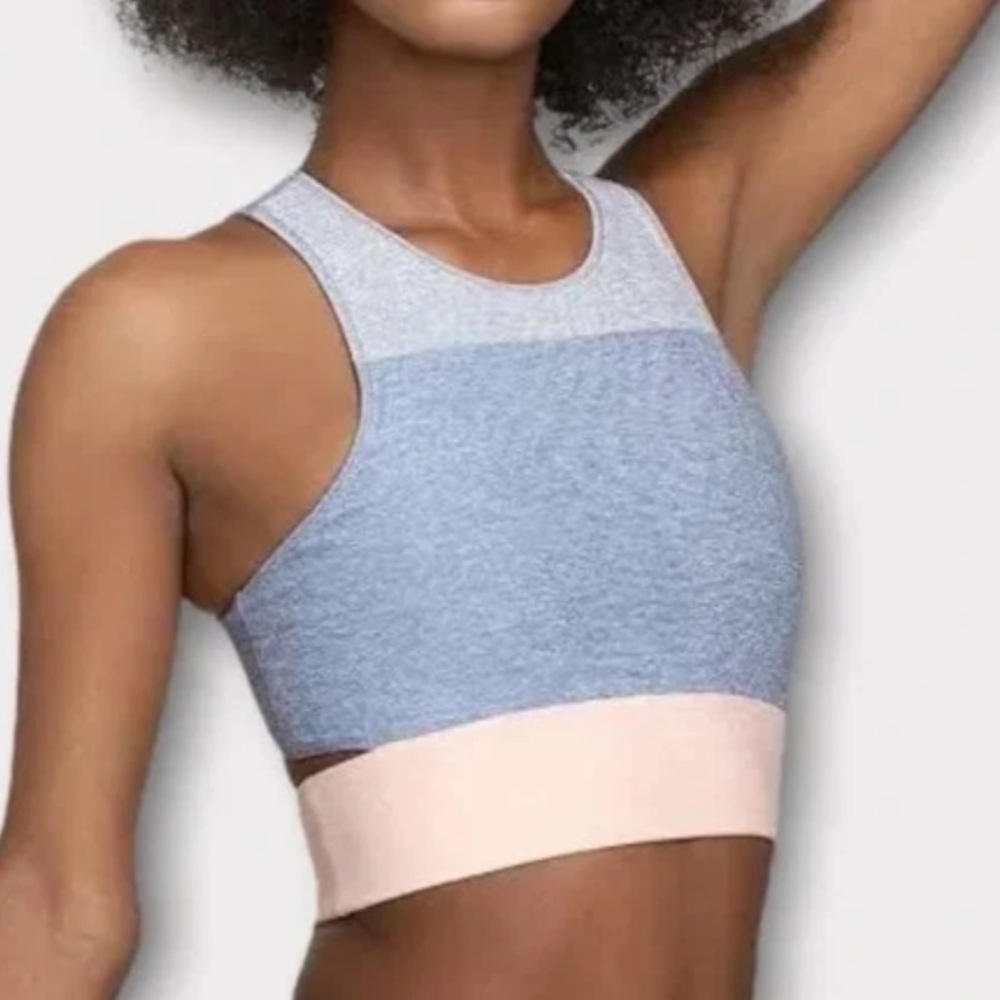 Outdoor Voices Tri-Tone Slashback Crop Top XS Dove Lake Rose Quartz